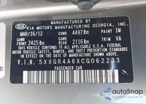 2012 Kia Optima Sx z USA, uszkodzony, nr VIN 5XXGR4A6XCG062233